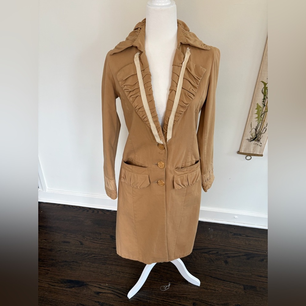 TRELISE COOPER Tan Ruffle-Trim Long Trench Coat